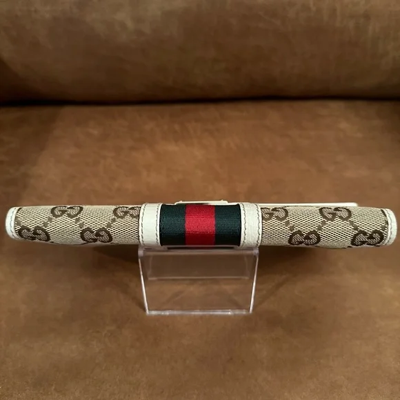 Gucci Ivory Leather/Canvas Monogram with Sherry Line Bifold Long Wallet - Picture 11 of 16
